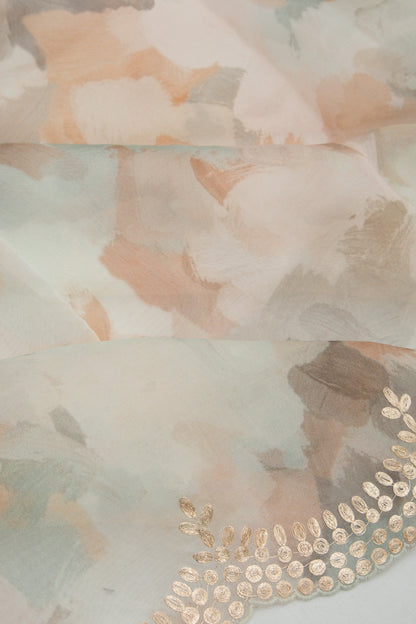 Organza Printed Off-White Saree With Scallop Border