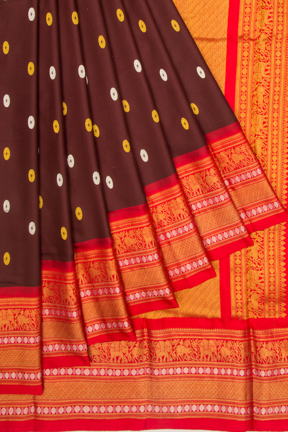 Kanchipuram Silk Twill And Butta Brown Saree With Ikat Blouse