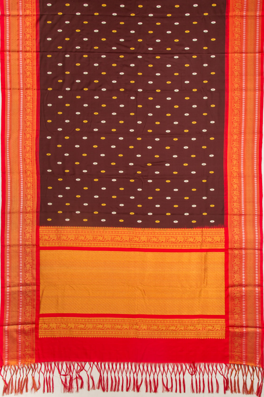 Kanchipuram Silk Twill And Butta Brown Saree With Ikat Blouse