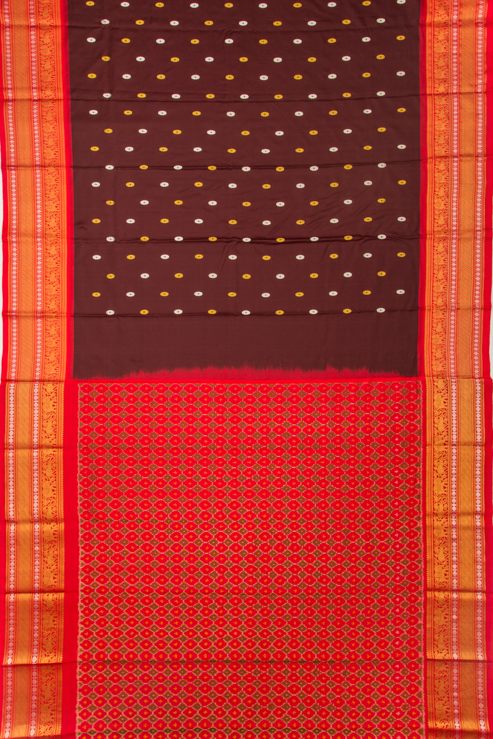 Kanchipuram Silk Twill And Butta Brown Saree With Ikat Blouse