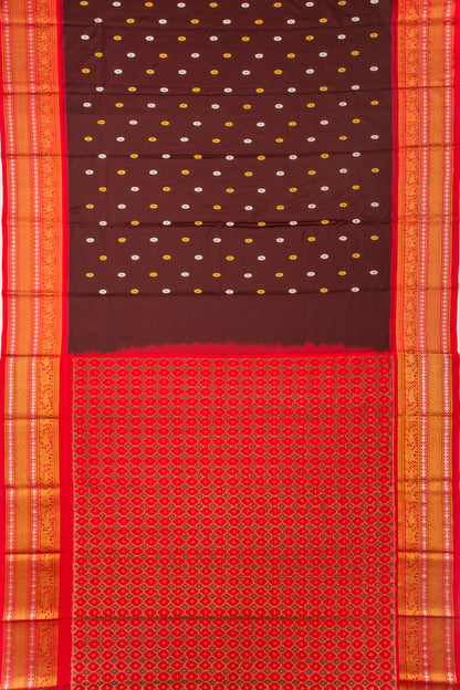 Kanchipuram Silk Twill And Butta Brown Saree With Ikat Blouse