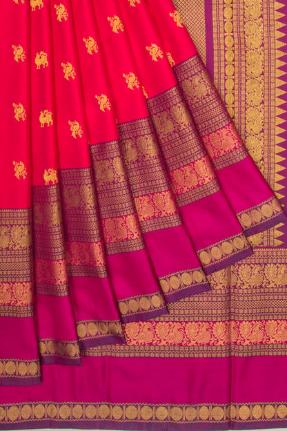 Kanchipuram Silk Twill And Butta Tomato Red Saree With Ikat Blouse