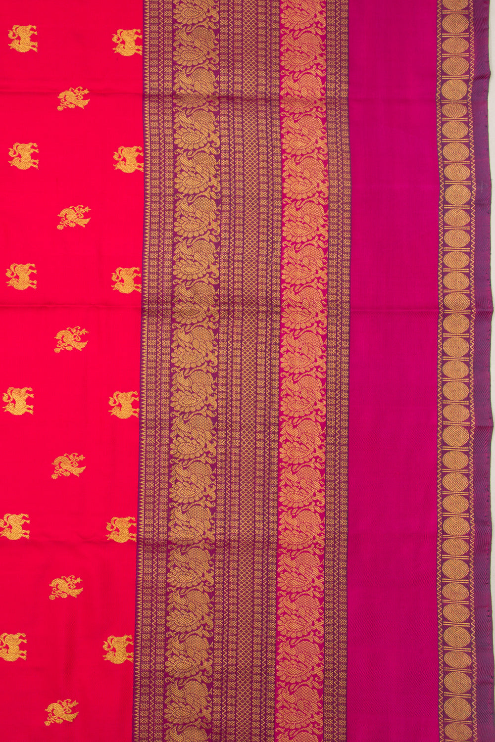 Kanchipuram Silk Twill And Butta Tomato Red Saree With Ikat Blouse