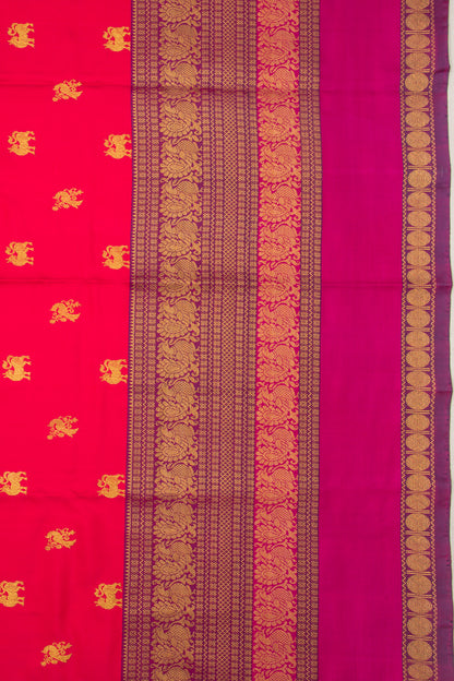 Kanchipuram Silk Twill And Butta Tomato Red Saree With Ikat Blouse