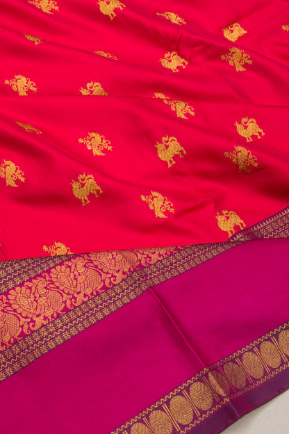 Kanchipuram Silk Twill And Butta Tomato Red Saree With Ikat Blouse
