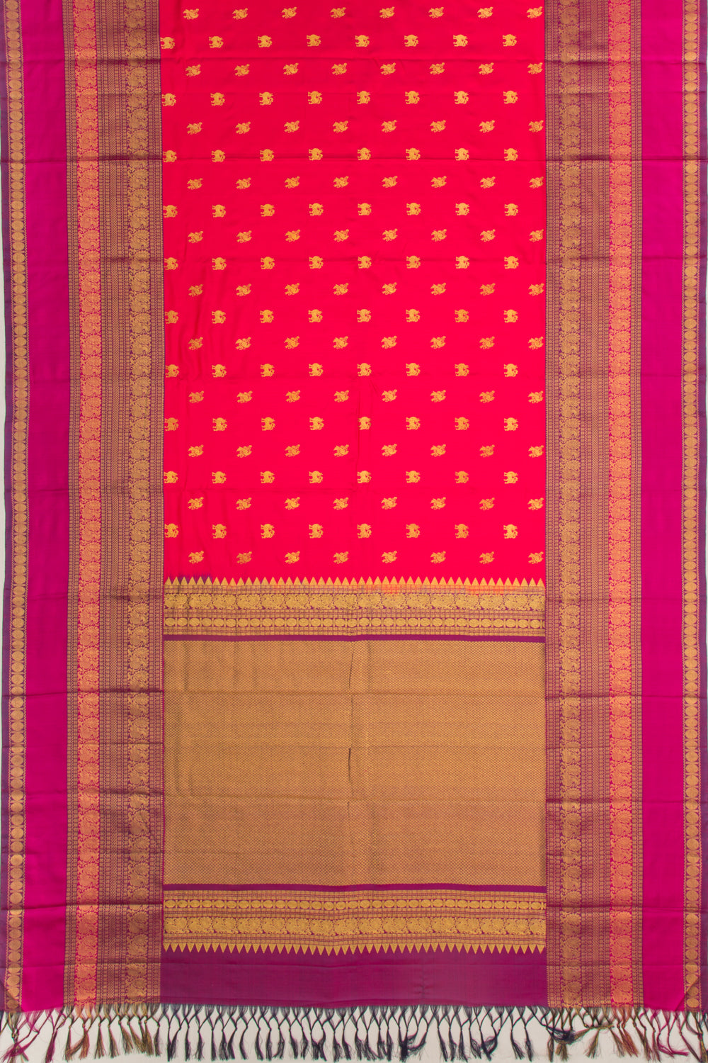 Kanchipuram Silk Twill And Butta Tomato Red Saree With Ikat Blouse