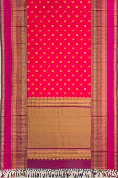 Kanchipuram Silk Twill And Butta Tomato Red Saree With Ikat Blouse