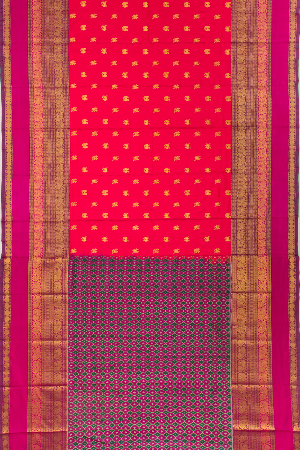 Kanchipuram Silk Twill And Butta Tomato Red Saree With Ikat Blouse