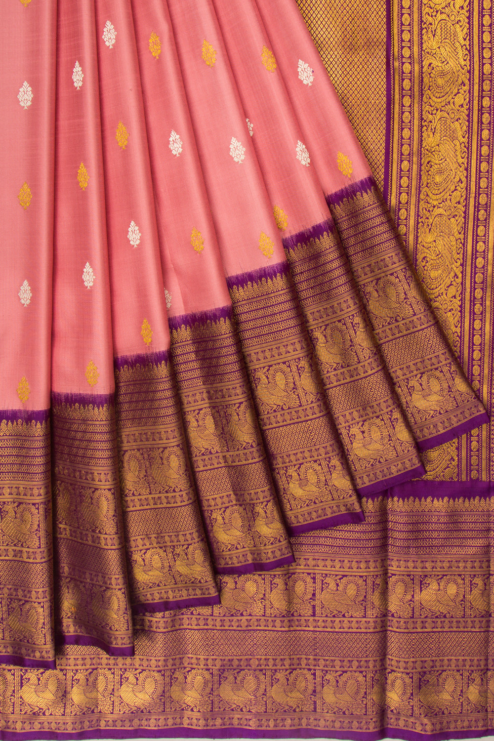 Kanchipuram Silk Twill And Butta Baby Pink Saree With Ikat Blouse