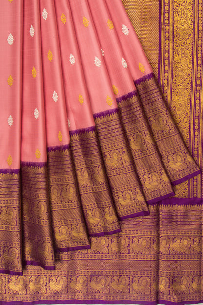 Kanchipuram Silk Twill And Butta Baby Pink Saree With Ikat Blouse