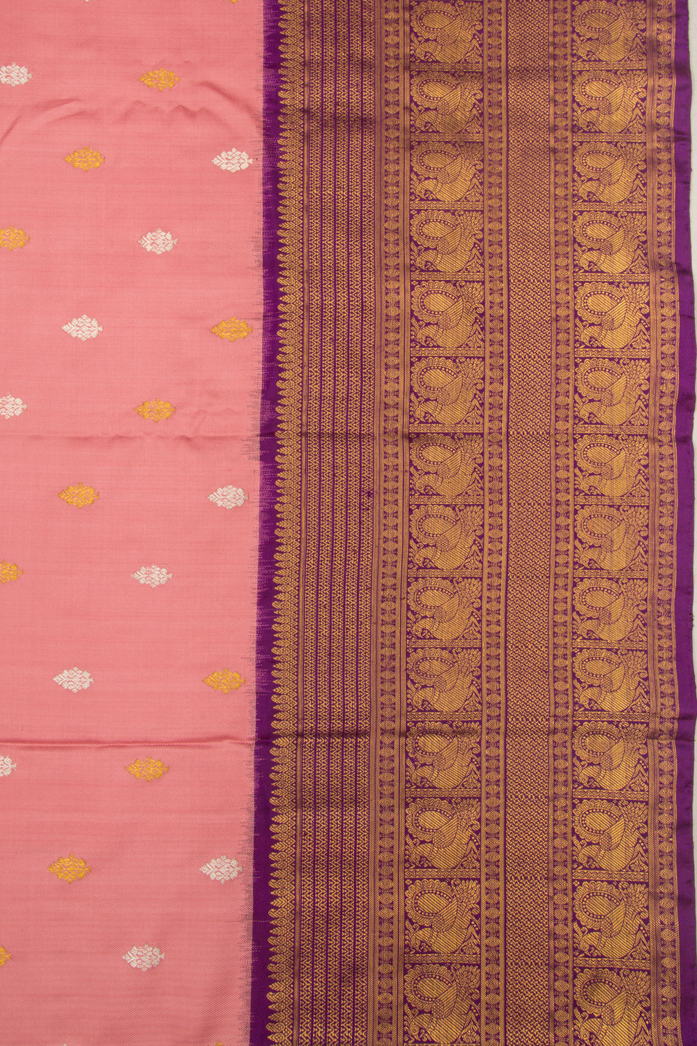 Kanchipuram Silk Twill And Butta Baby Pink Saree With Ikat Blouse