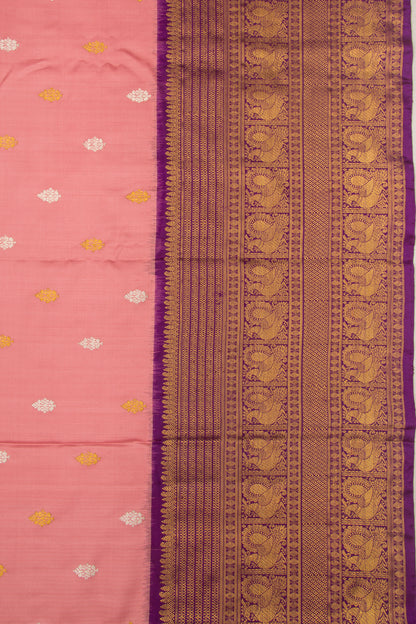 Kanchipuram Silk Twill And Butta Baby Pink Saree With Ikat Blouse