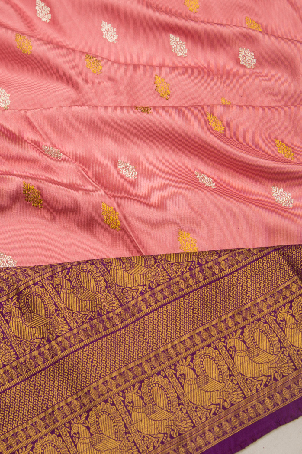 Kanchipuram Silk Twill And Butta Baby Pink Saree With Ikat Blouse