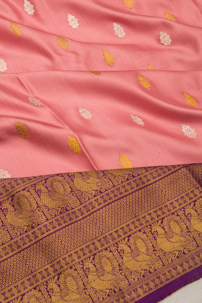 Kanchipuram Silk Twill And Butta Baby Pink Saree With Ikat Blouse