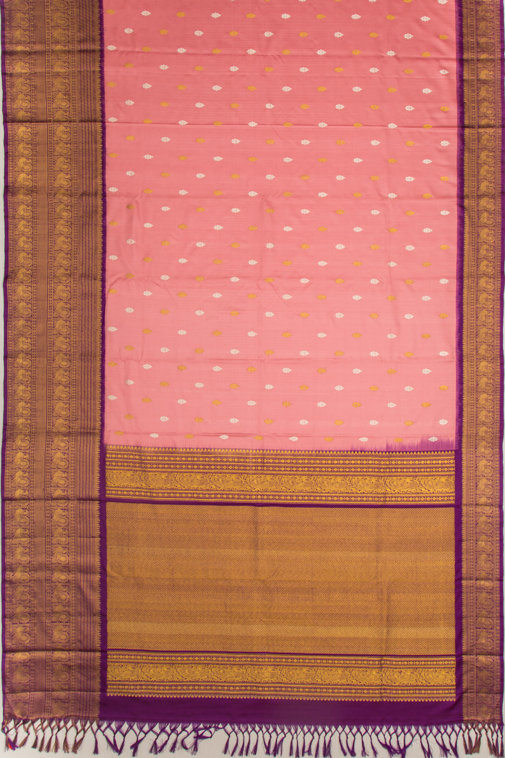 Kanchipuram Silk Twill And Butta Baby Pink Saree With Ikat Blouse