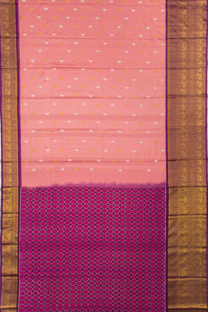 Kanchipuram Silk Twill And Butta Baby Pink Saree With Ikat Blouse