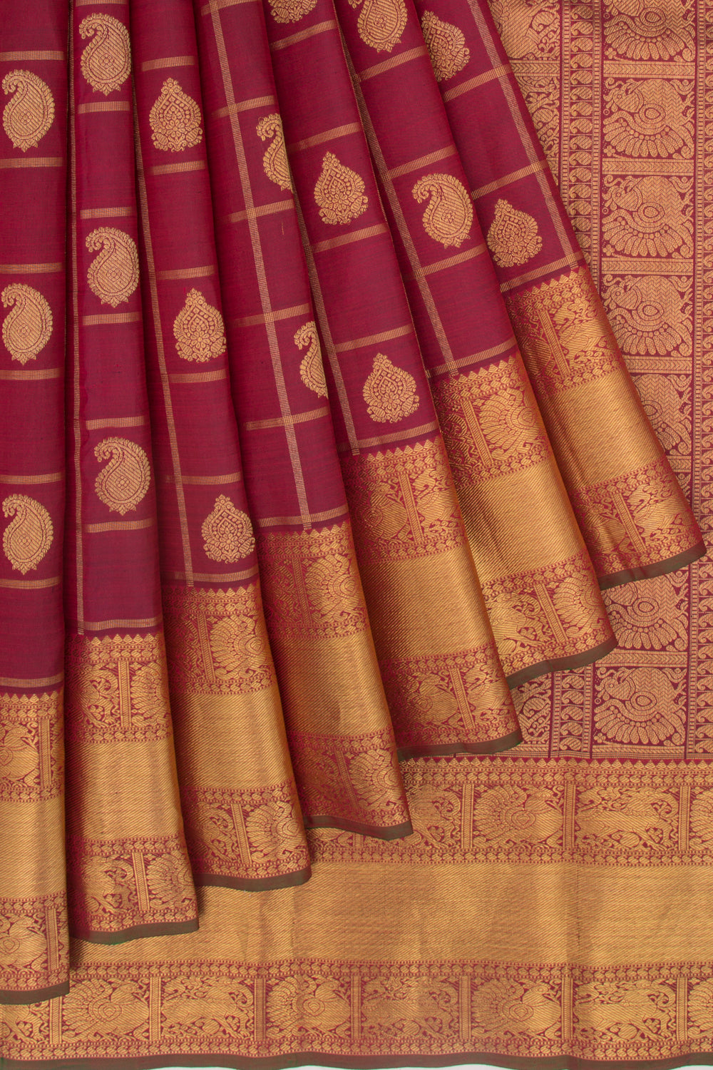 Kanchipuram Silk Checks And Butta Maroon Saree
