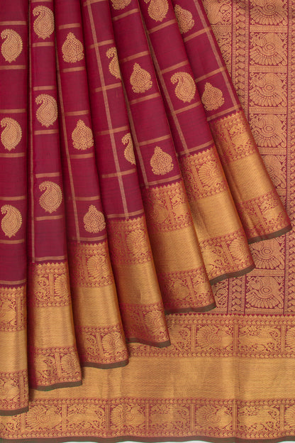 Kanchipuram Silk Checks And Butta Maroon Saree