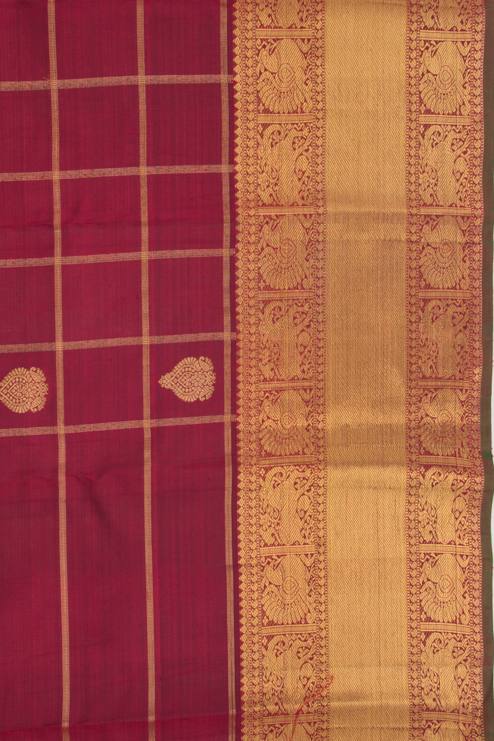 Kanchipuram Silk Checks And Butta Maroon Saree
