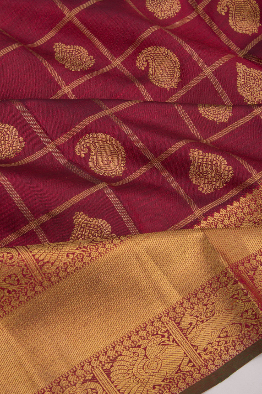 Kanchipuram Silk Checks And Butta Maroon Saree