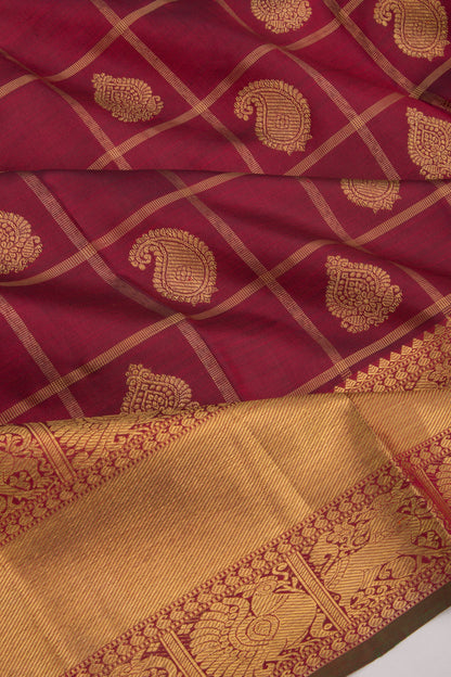 Kanchipuram Silk Checks And Butta Maroon Saree