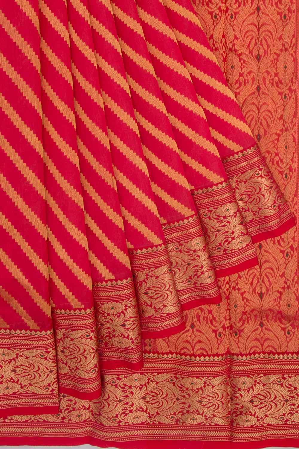 Chanderi Silk Diagonal Lines Red Saree