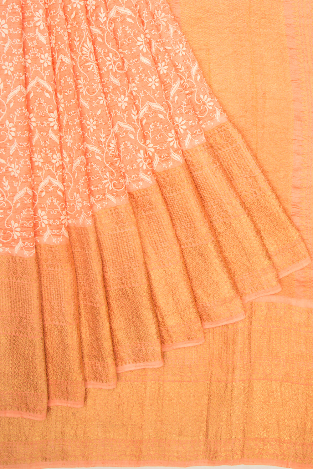 Kanchipuram Silk Chikankari Orange Saree
