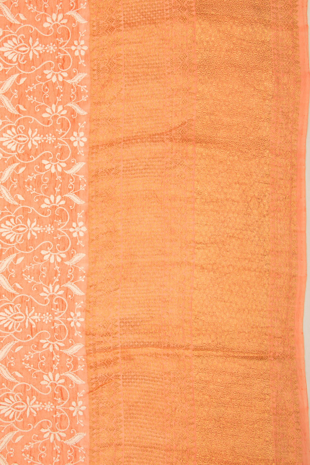 Kanchipuram Silk Chikankari Orange Saree