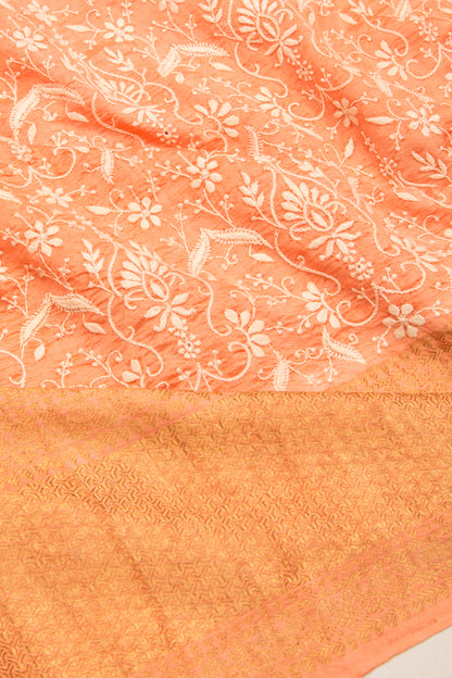 Kanchipuram Silk Chikankari Orange Saree