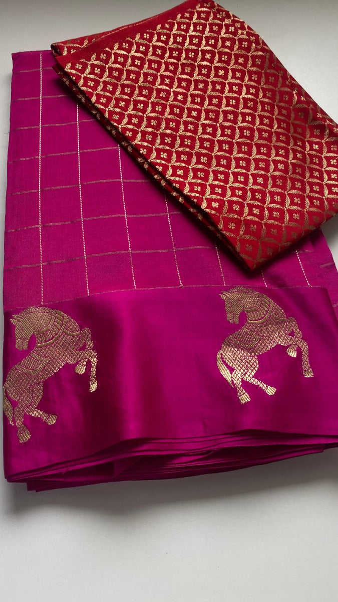 Banarasi Silk Katan Checks Pink Saree