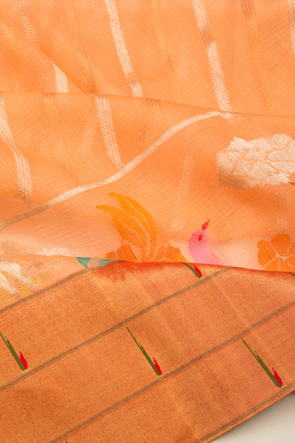 Kota Silk Diagonal Lines Peach Saree With Pathani Border