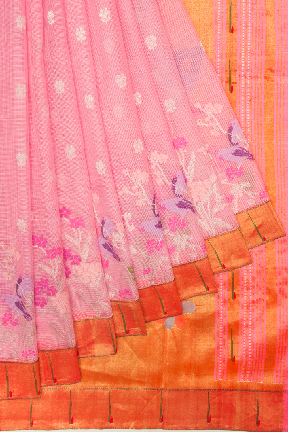 Kota Silk Butta Baby Pink Saree With Attached Paithani Border