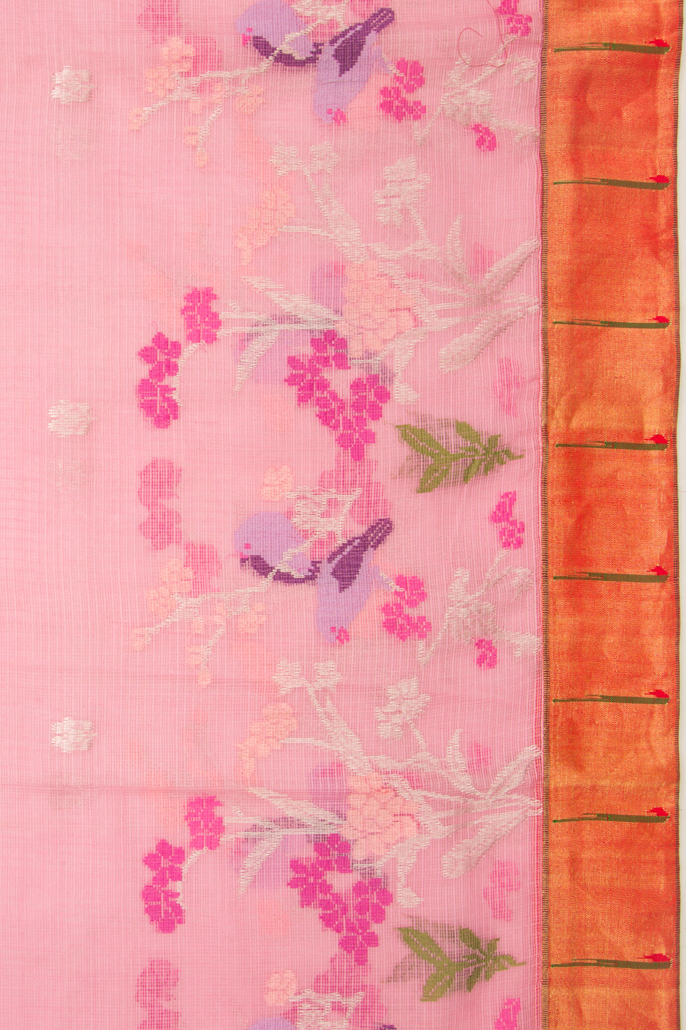 Kota Silk Butta Baby Pink Saree With Attached Paithani Border