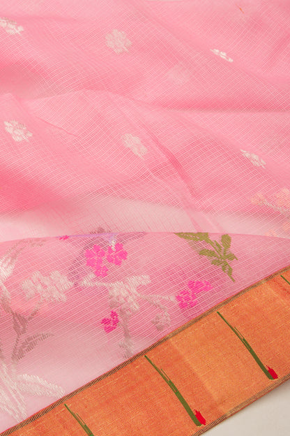 Kota Silk Butta Baby Pink Saree With Attached Paithani Border