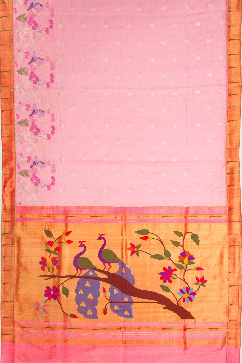 Kota Silk Butta Baby Pink Saree With Attached Paithani Border