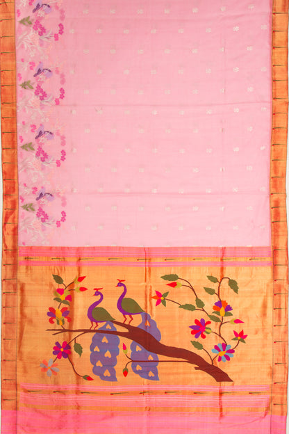 Kota Silk Butta Baby Pink Saree With Attached Paithani Border