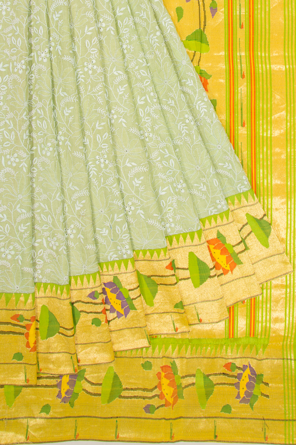 Tussar Chikankari Pastel Green Saree With Paithani Border