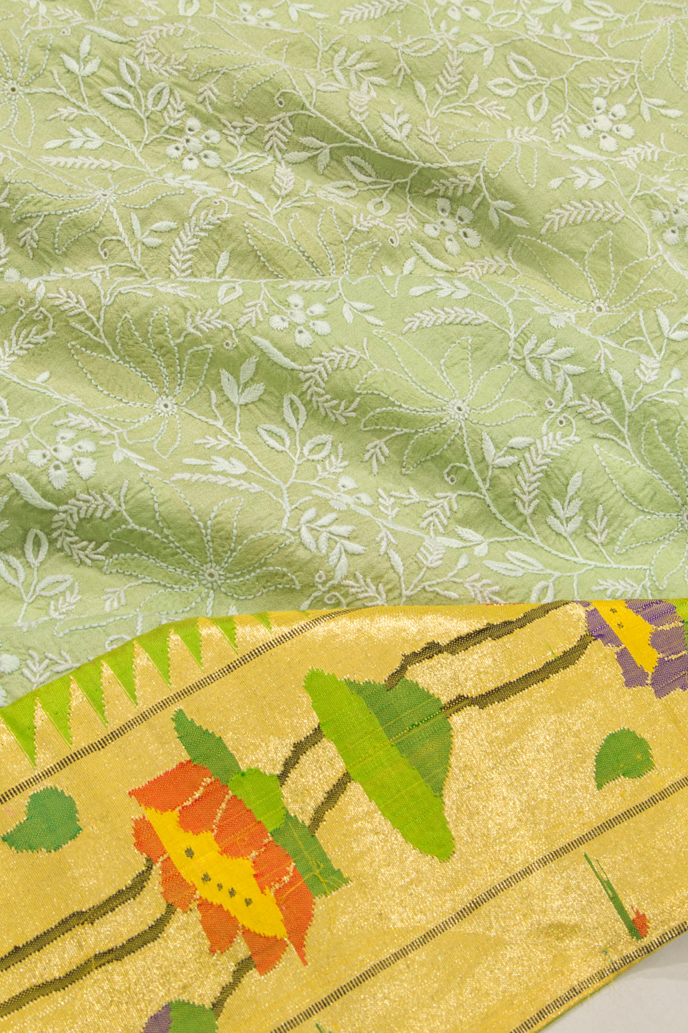 Tussar Chikankari Pastel Green Saree With Paithani Border