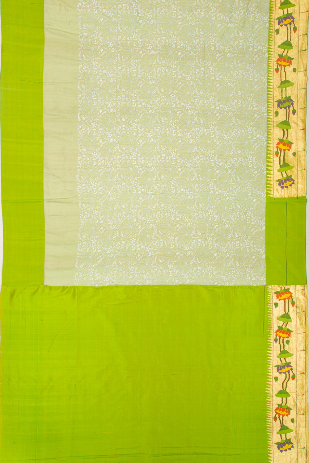 Tussar Chikankari Pastel Green Saree With Paithani Border