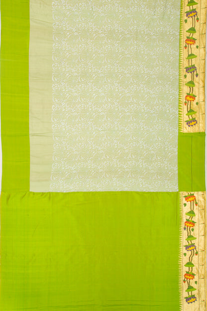 Tussar Chikankari Pastel Green Saree With Paithani Border