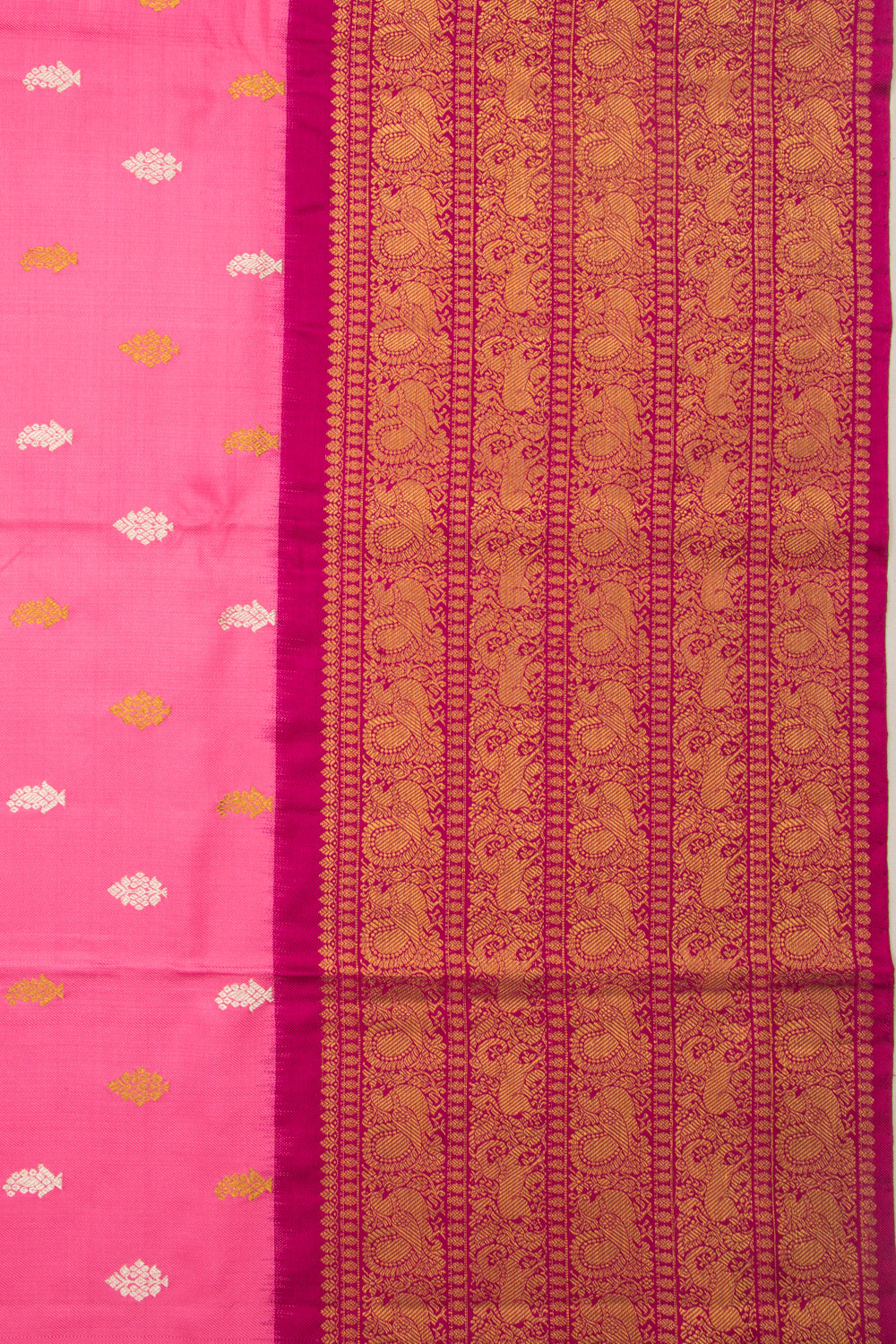 Kanchipuram Silk Twill And Butta Pink Saree With Ikat Blouse