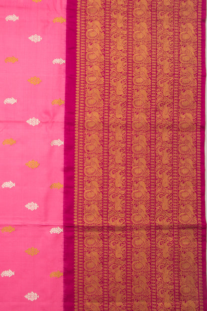 Kanchipuram Silk Twill And Butta Pink Saree With Ikat Blouse
