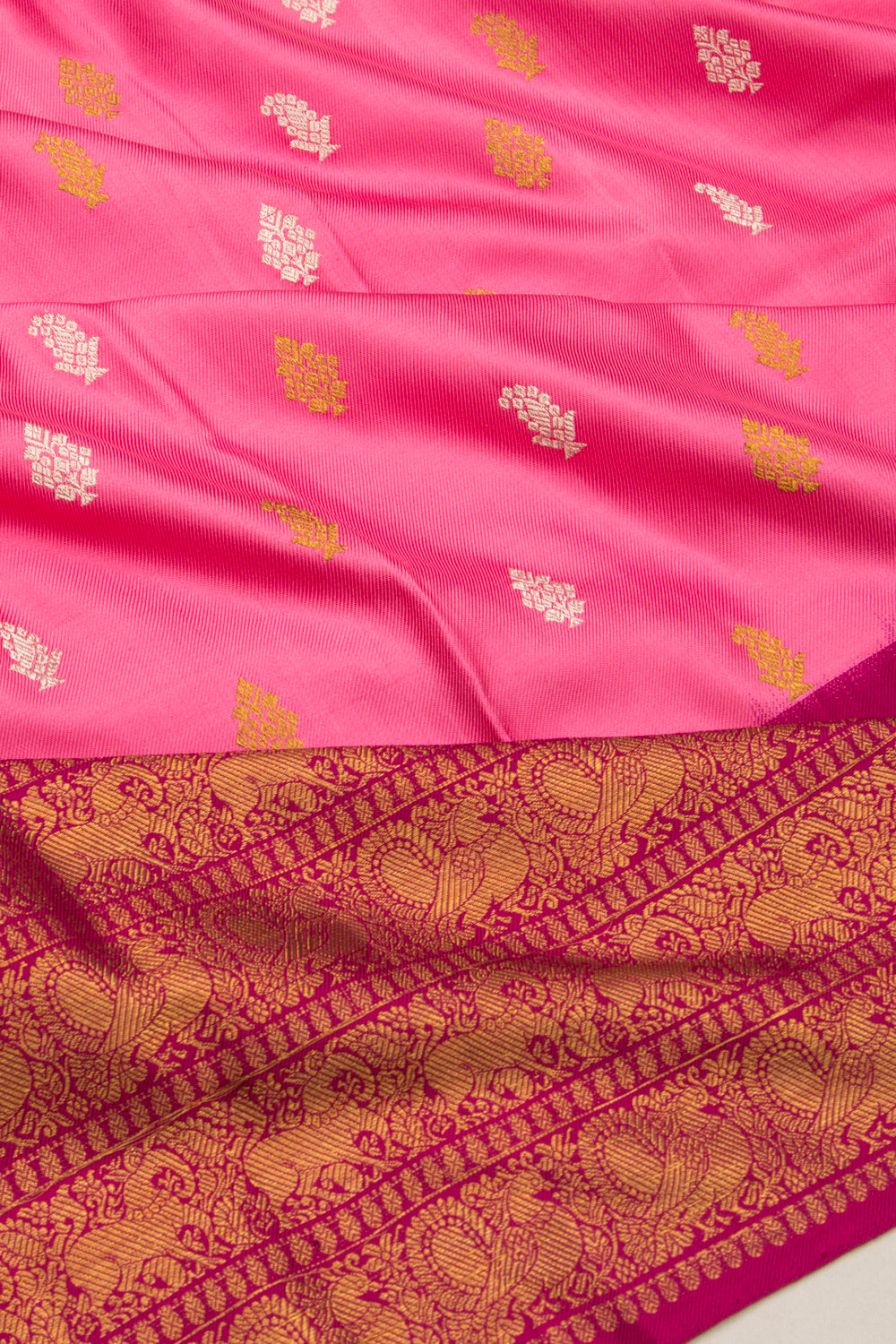 Kanchipuram Silk Twill And Butta Pink Saree With Ikat Blouse