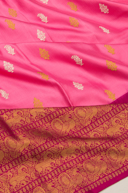 Kanchipuram Silk Twill And Butta Pink Saree With Ikat Blouse