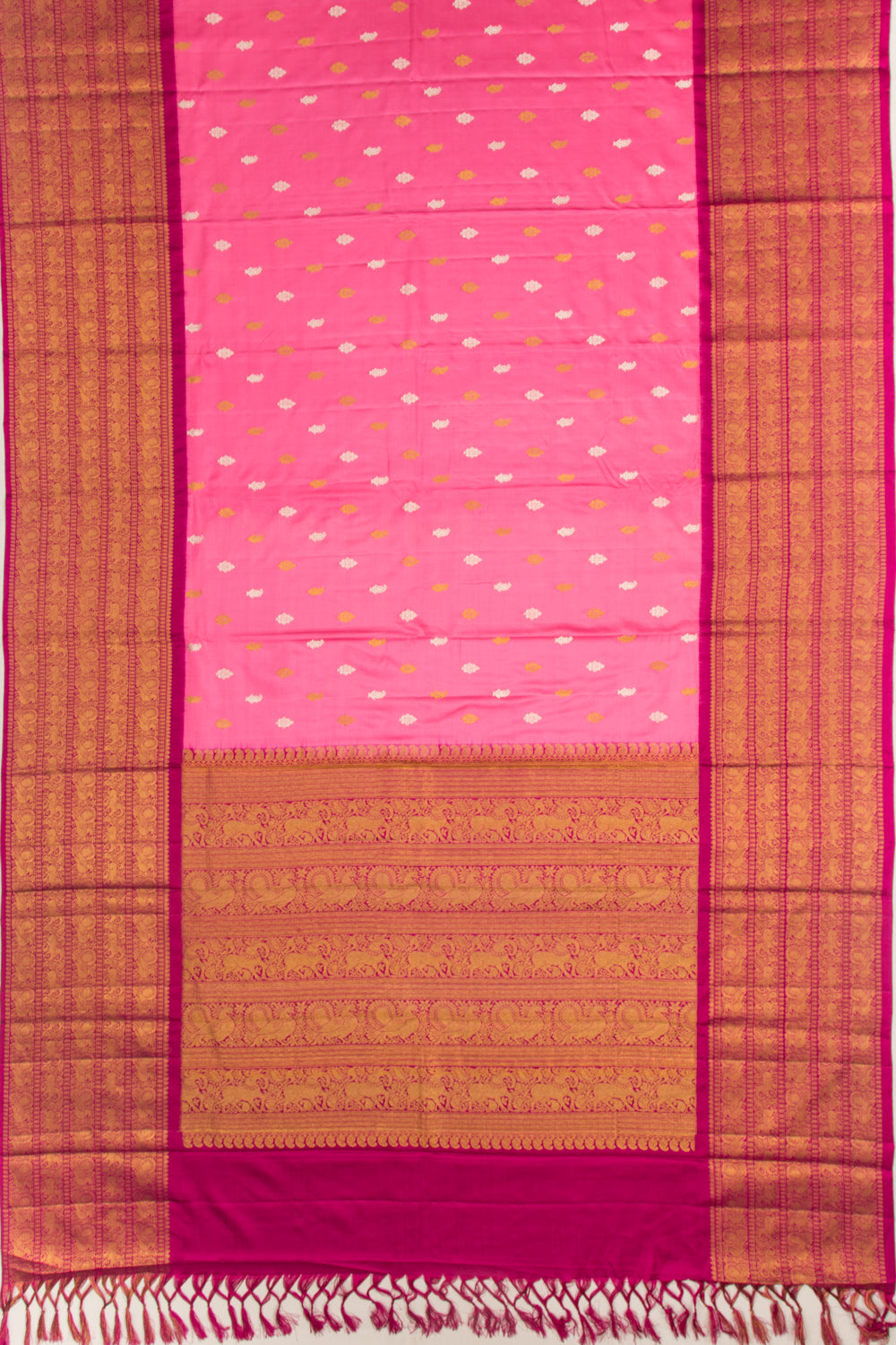 Kanchipuram Silk Twill And Butta Pink Saree With Ikat Blouse