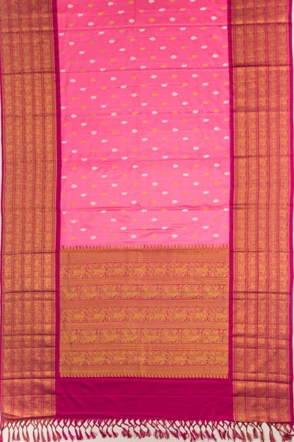 Kanchipuram Silk Twill And Butta Pink Saree With Ikat Blouse