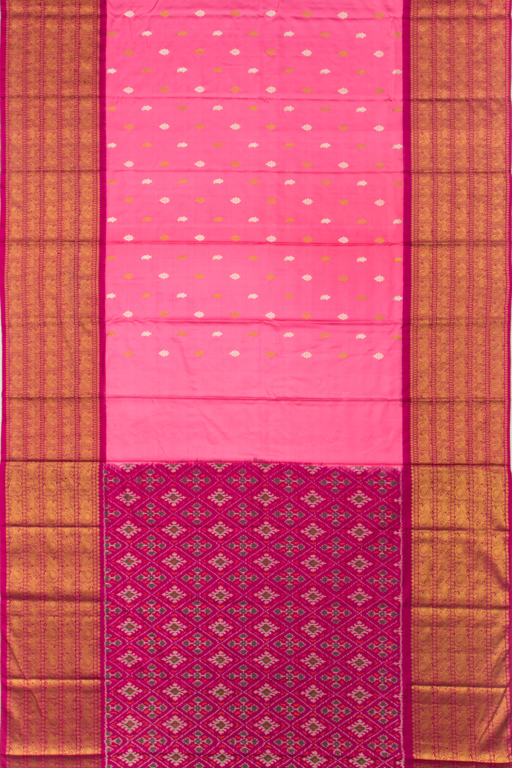 Kanchipuram Silk Twill And Butta Pink Saree With Ikat Blouse