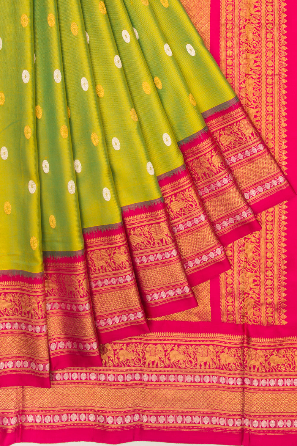 Kanchipuram Silk Twill And Butta Green Saree With Ikat Blouse