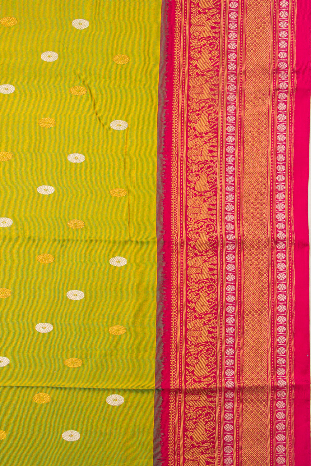 Kanchipuram Silk Twill And Butta Green Saree With Ikat Blouse