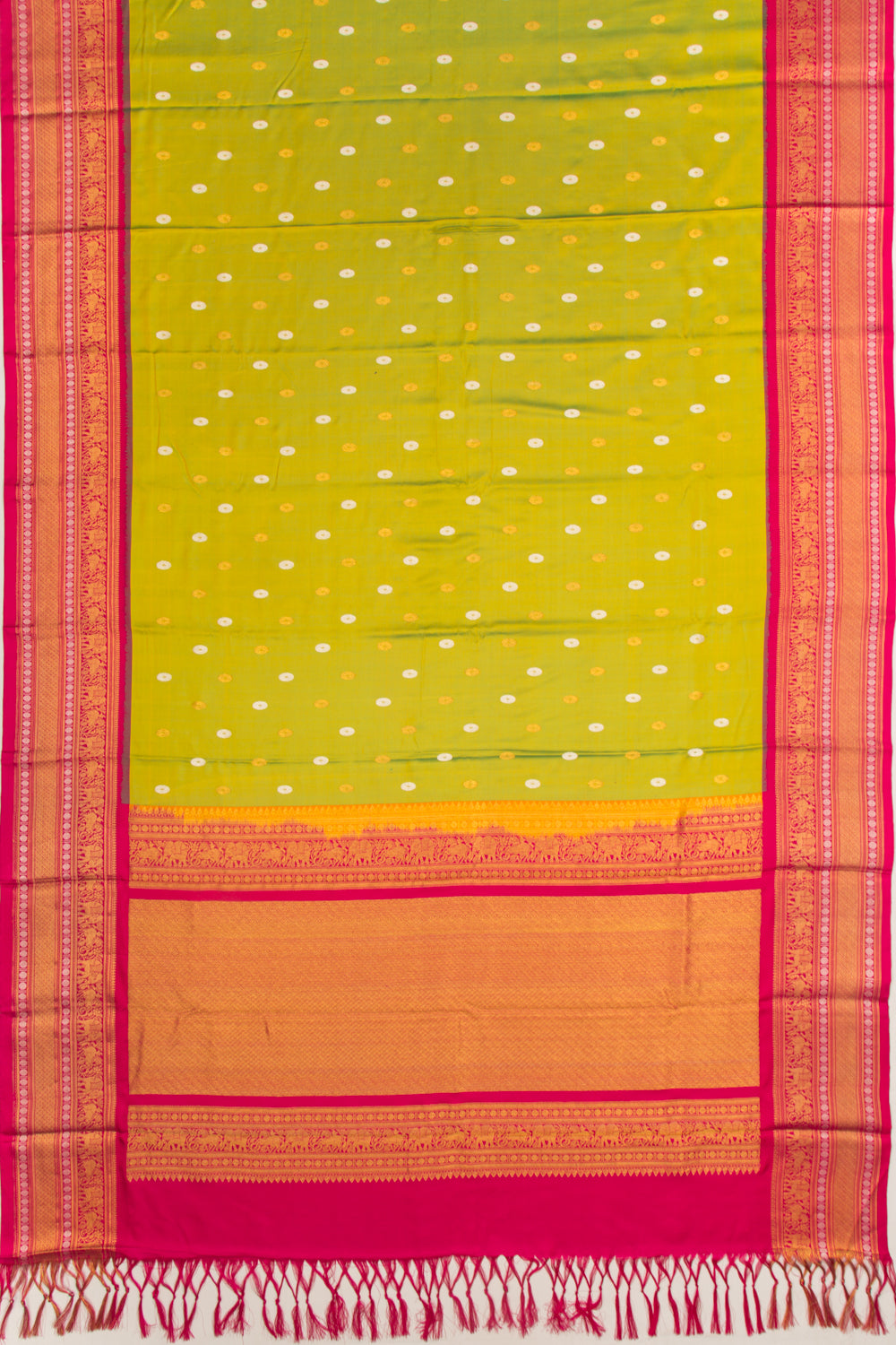 Kanchipuram Silk Twill And Butta Green Saree With Ikat Blouse